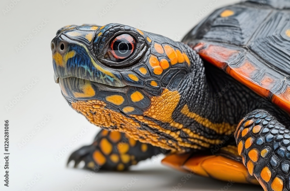 Poster close-up of colorful turtle with intricate patterns and bright orange shell, capturing the unique be