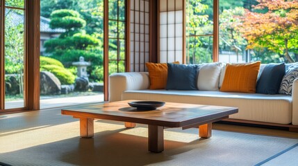 A Serene Japanese-Style Living Room, Bathed In Sunlight, Features A Low Wooden Coffee Table And A Comfortable Sofa, Overlooking A Lush Garden.