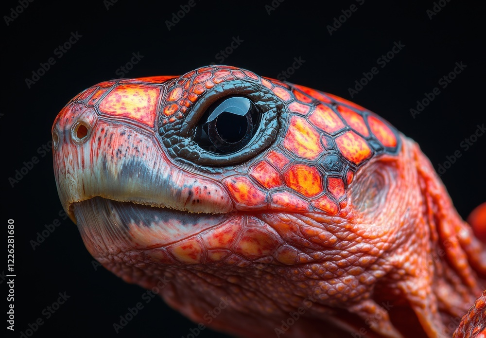 Poster close-up view of a beautifully colored turtle with vibrant patterns against a dark background
