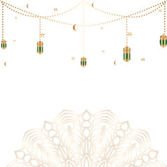 Ramadan Kareem background with hanging lanterns, stars, and crescent moon