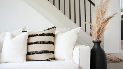 Beige and Black Striped Pillow on White Sofa