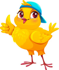 Cartoon newborn chick cute character wearing cap. Spring newborn chick bird cute mascot, Easter holiday baby chicken or farm hen animal funny vector character. Spring newborn chick bird personage