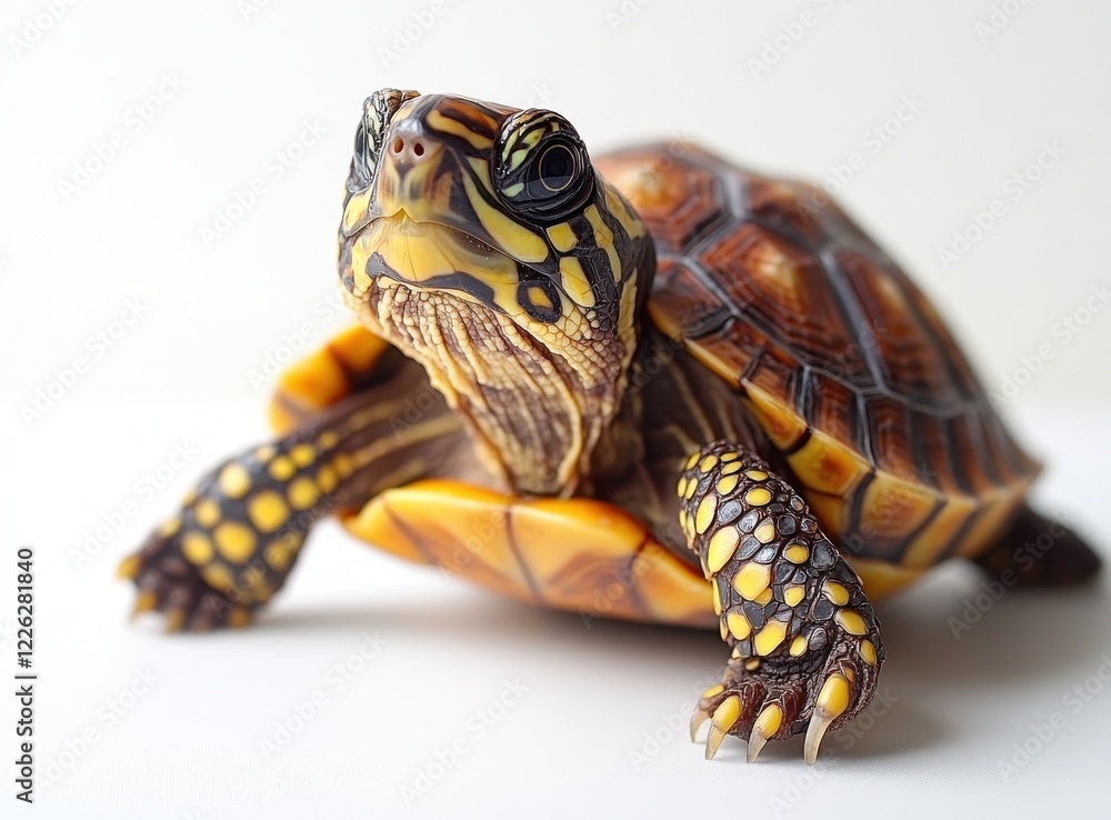 Poster close-up view of a colorful turtle with intricate patterns and textures on its shell and skin in a s
