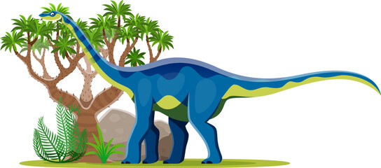 Quaesitosaurus prehistoric dinosaur cartoon character. Isolated vector colorful dino at lush landscape with vibrant ferns, tropical tree and rocks, depicting a lively and natural habitat for dinosaur © Vector Tradition