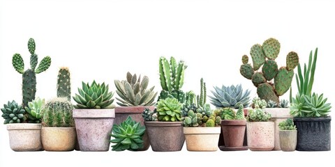 Fototapeta premium Collection of Diverse Succulent and Cactus Plants in Various Pots on White Background for Home Decor and Gardening Enthusiasts