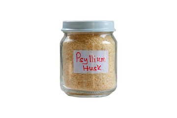 Psyllium husk in a Glass jar with a food label, isolated on a transparent background.