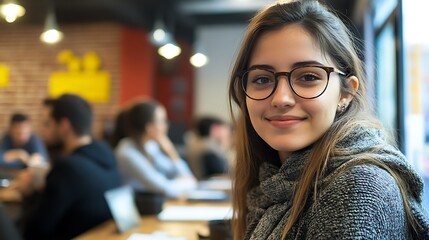 Young Woman Smiling Wearing Glasses in a Cafe