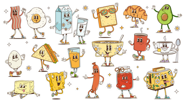 Retro cartoon groovy breakfast characters. Funny psychedelic drink and food personages with happy smiling faces. Hippy breakfast coffee, croissant, toast, egg and bacon, groovy sandwich, milk, cereals