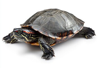Obraz premium Colorful aquatic turtle with vibrant shell and striking patterns on a white background enhancing its beauty and uniqueness in natural habitat photography