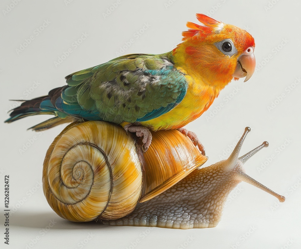 Poster colorful parrot on a shell with snail illustrating unique nature and animal interactions in a creati