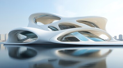 Futuristic White Architectural Design Floating On Water