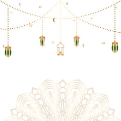 Ramadan Kareem background with hanging lanterns, stars, and crescent moon