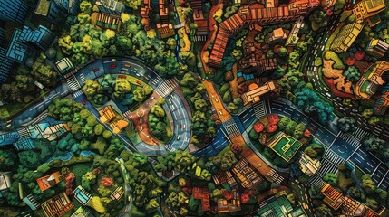 A stunning aerial view of a colorful cityscape, with winding streets, modern buildings, and lush parks
