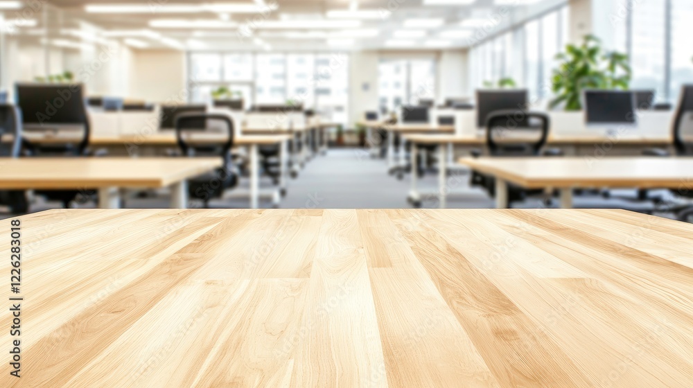 Poster light wooden table surface in focus with a blurred modern office space in the background, perfect fo