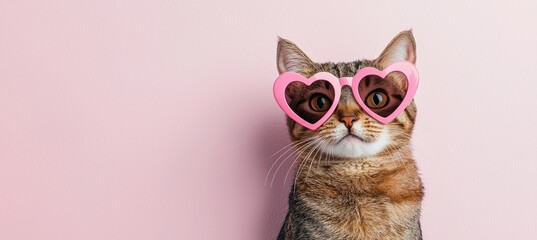 Adorable tabby cat wearing heart-shaped pink sunglasses against a soft pastel pink background, exuding charm and sweetness. Perfect for Valentine's Day themes, pet-related promotions