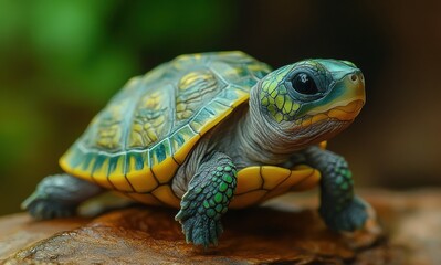 Obraz premium Colorful turtle on a rock, showcasing intricate shell patterns and vibrant colors in a natural setting, evoking a sense of wonder and tranquility.