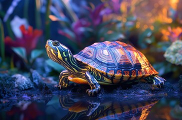 Obraz premium Colorful Turtle on Shoreline with Reflections in Calm Water Surrounded by Lush Greenery and Vibrant Tropical Flora in a Nature Setting