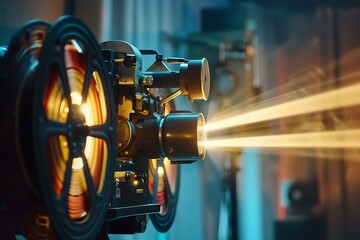 Fototapeta premium Vintage Film Projector Beam Retro Cinema Classic Movie Reel Light