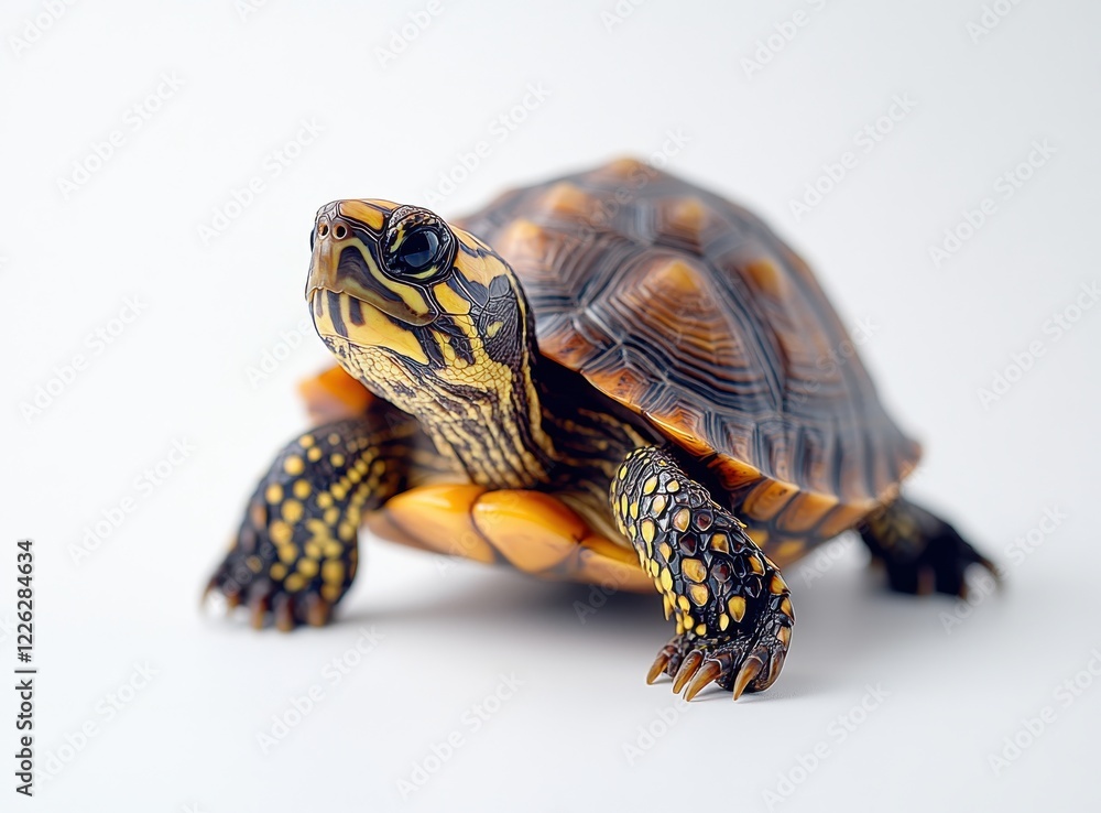 Poster colorful turtle with intricate shell patterns resting on a white surface, showcasing its vibrant det
