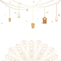 Ramadan Kareem background with hanging lanterns, stars, and crescent moon