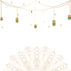 Ramadan Kareem background with hanging lanterns, stars, and crescent moon