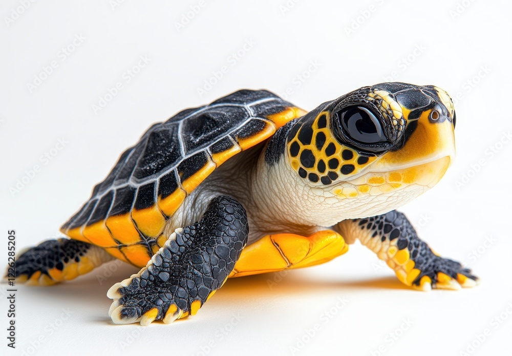 Poster detailed close-up of a colorful sea turtle with unique pattern on shell and bright yellow and black 
