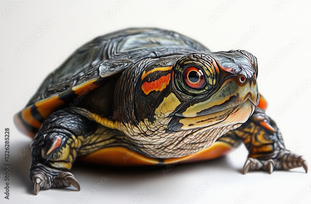 Poster detailed close-up of a colorful turtle sitting on a smooth surface with bright features and intricat