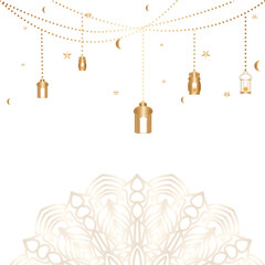 Ramadan Kareem background with hanging lanterns, stars, and crescent moon