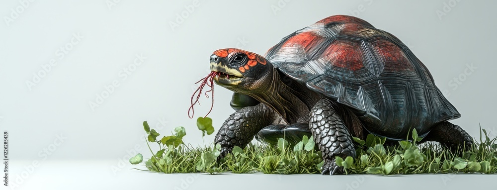 Poster detailed close-up of a vibrant turtle with a red and black shell, chewing on a worm while surrounded