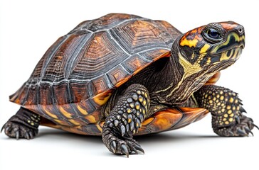Detailed Close-Up of Colorful Turtle with Intricate Shell Patterns Against Plain Background, Showcasing Nature's Beauty and Wildlife Diversity