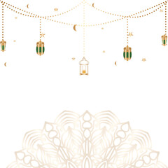Ramadan Kareem background with hanging lanterns, stars, and crescent moon