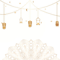 Ramadan Kareem background with hanging lanterns, stars, and crescent moon