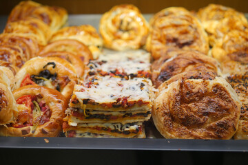 Delicious assortment of baked goods in a bakery display