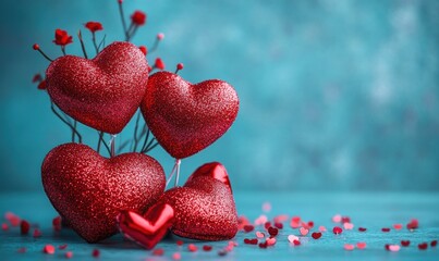 Valentine's Day Celebration with Red Hearts on Turquoise Background