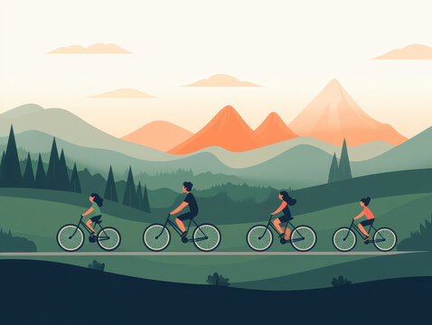 family riding bikes along scenic path with mountains in background, surrounded by lush greenery and serene atmosphere