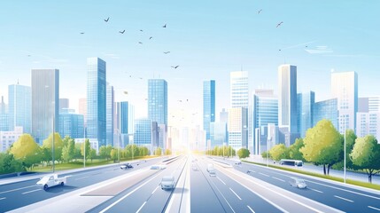 Fototapeta premium Modern city skyline with highway and trees.