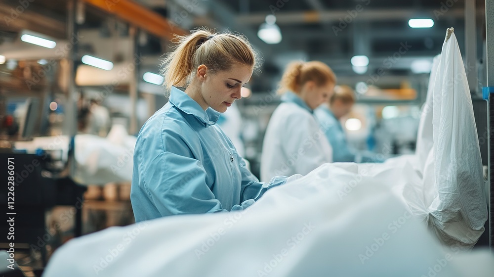 Poster designers working with advanced textile technology in a factory.