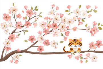 Cute tiger sitting on branch surrounded by pink cherry blossoms, creating cheerful and vibrant scene. Perfect for children decor or nature themed designs