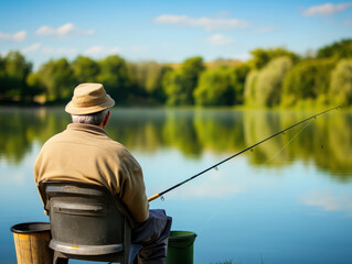 person fishing by quiet lake, enjoying nature tranquility with fishing rod. serene water reflects lush greenery, creating peaceful atmosphere