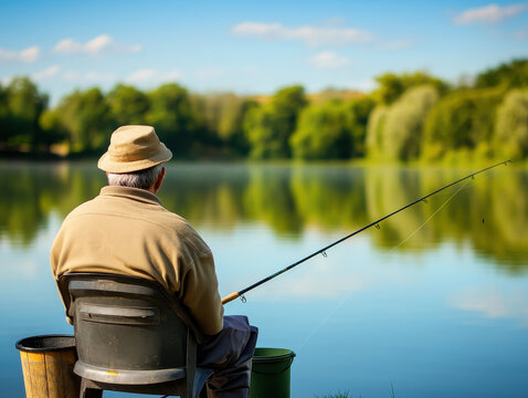 person fishing by quiet lake, enjoying nature tranquility with fishing rod. serene water reflects lush greenery, creating peaceful atmosphere