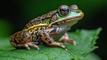 Naklejka premium Vibrant green frog perched on a leaf.