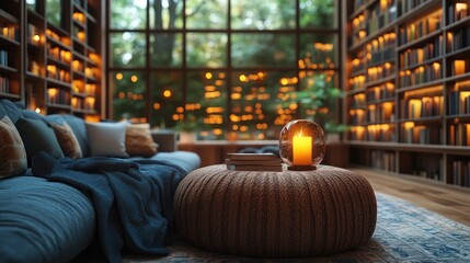 Cozy Old Wooden Table in Library with Bookshelves and Warm Lighting