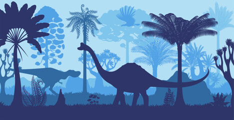 Prehistoric dinosaurs silhouettes in tropical jungle forest with plants. Vector blue background with sauropod and predator dino species alongside with flying pterosaur shadows amidst lush palm trees © Vector Tradition
