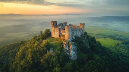 Aerial View of Medieval Castle Ruins on Lush Green Mountain with Rolling Hills
