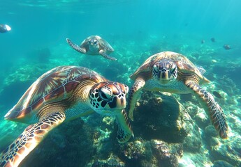 Fototapeta premium Graceful sea turtles swimming underwater in a vibrant ocean environment with coral reefs and sunlight filtering through clear blue water