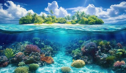 Naklejka premium Underwater Paradise Coral Reef Tropical Island Seascape