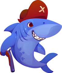 Cartoon funny shark pirate character or Caribbean captain in tricorne hat, vector animal. Angry shark fish character as corsair or pirate with filibuster pistol gun in tricorn hat with crossbones