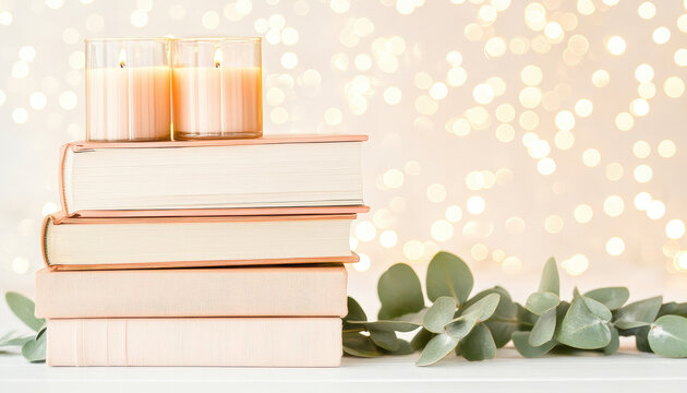 Cozy minimalist living room with stacked books and candles, creating warm atmosphere. soft bokeh background enhances inviting feel of space - Powered by Adobe