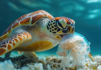 Fototapeta premium Majestic Sea Turtle Diving and Feeding on a Jellyfish in Crystal Clear Ocean Waters Under Sunlight