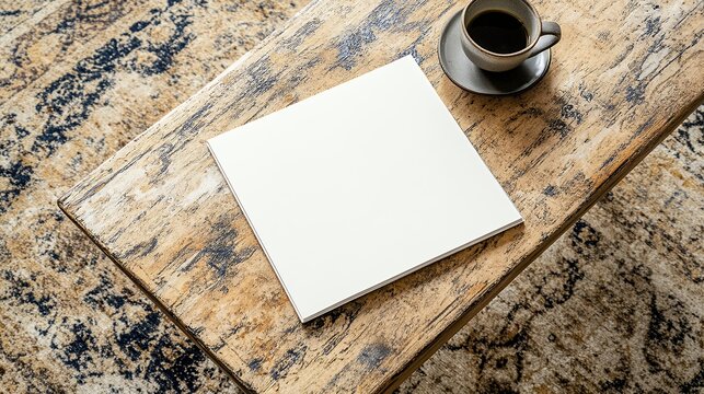 Blank White Square Book Mockup on Rustic Wooden Table with Coffee